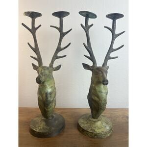 Vintage Metal Antique Deer Stag Reindeer Set Of 2 12" Antlers Decor Patina